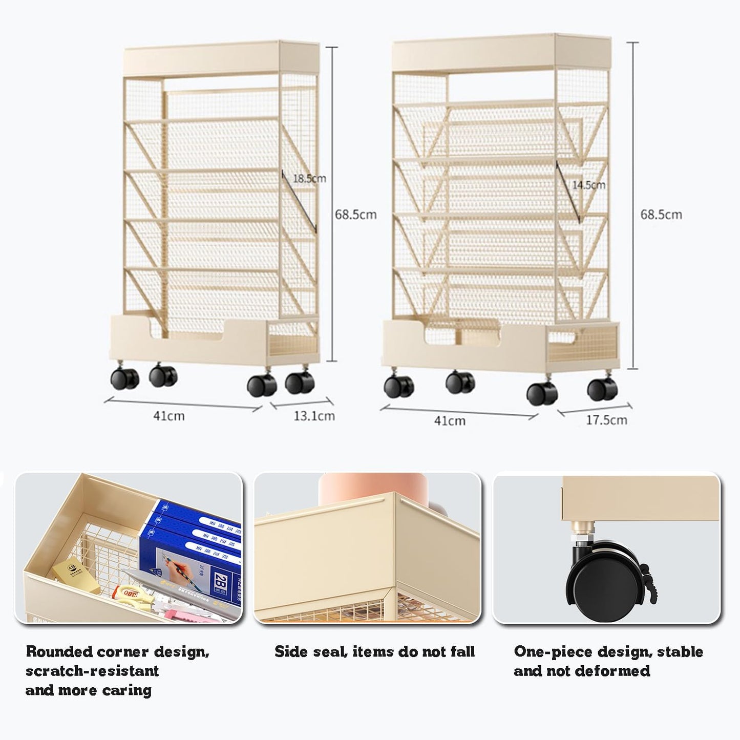 3-6 Tier Metal Rolling Book Cart, Narrow Mobile Bookshelf, Modern Free Standing Storage Rack for Books, Magazines, and Mail, Space-Saving Organizer.