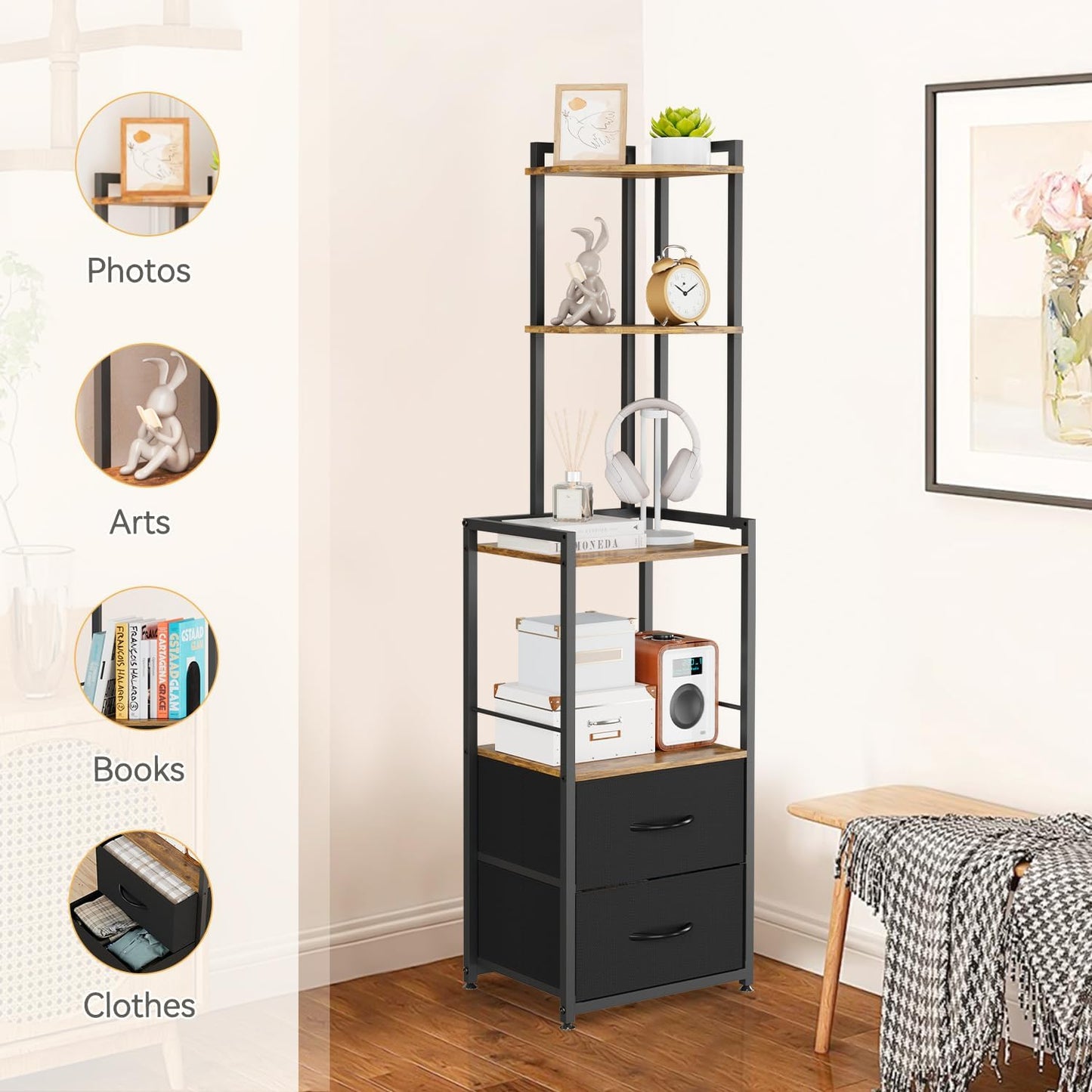 PouHenier.jh 6 Tier Corner Shelf with Drawer, Living Room Rustic Brown 58" Tall Floor Standing Storage Organizer with Anti-tip, Stable Bedroom Nook Space Saving Open Display Antique Ladder Stand Unit