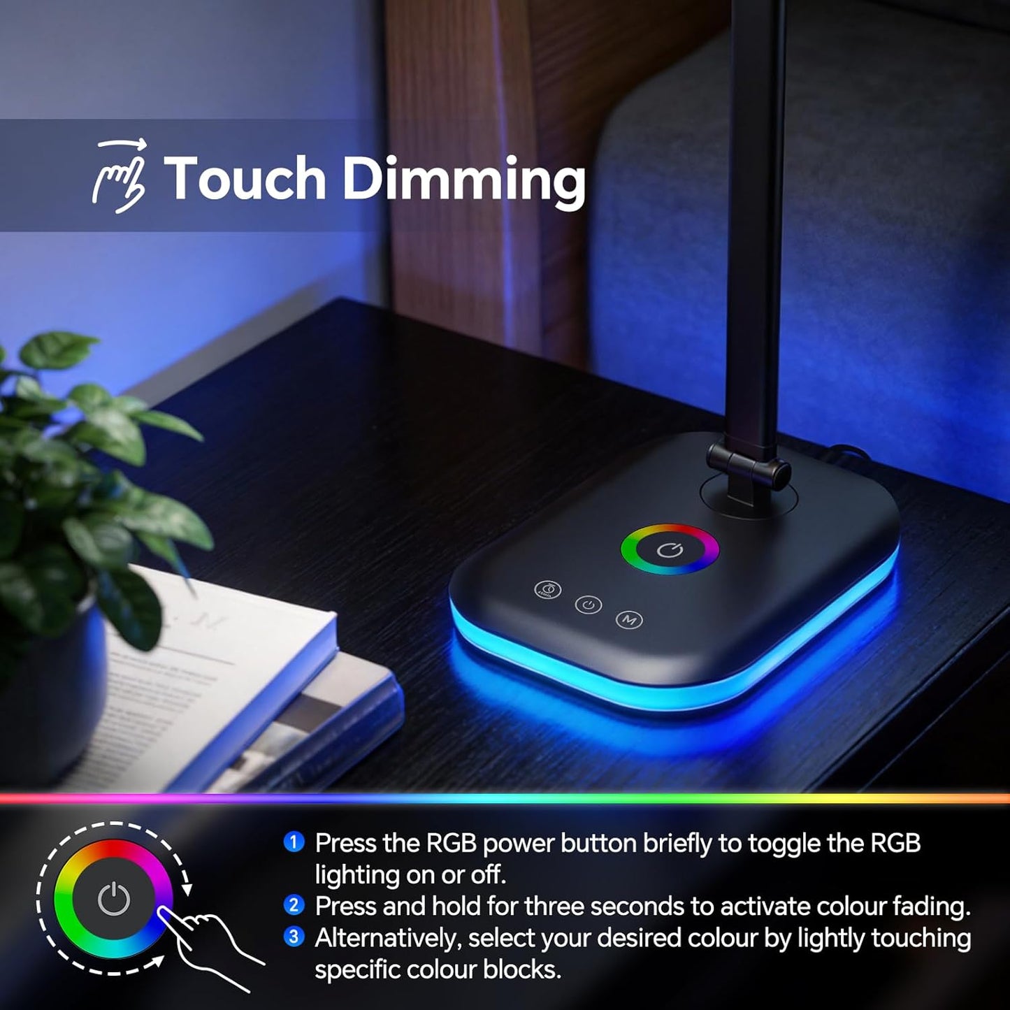 Bright LED Desk Lamp for Office Home, 10%-100% Stepless Dimmable & 5 Color Temperatures, Eye Caring Desk Light for Office, Study, Craft, Puzzle, Nail, Sewing | USB Charging | 45 Min Timer | RGB