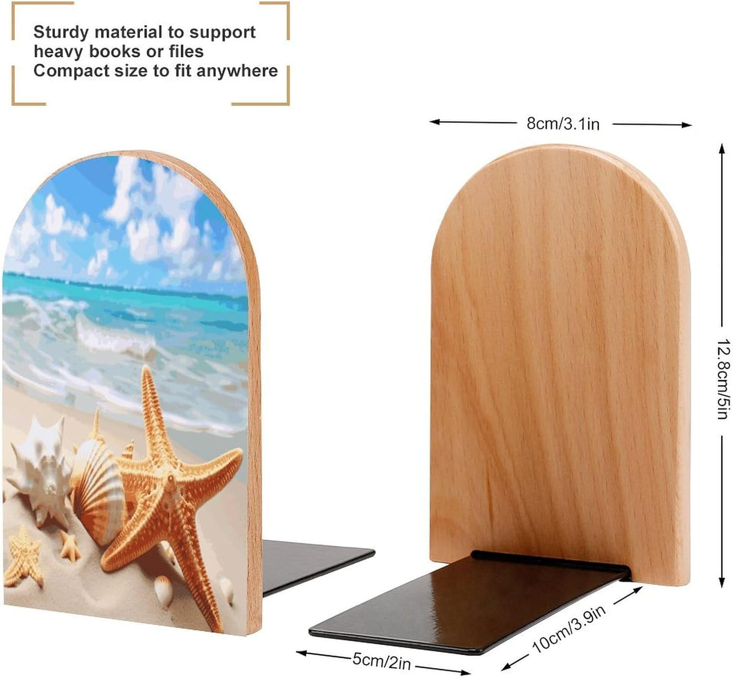 Starfish Seashell Ocean Beach Bookends 1 Pair Heavy Duty Book Ends for Shelves Non-Skid Bookend Supports Wooden Book Holders with Metal Base Desk Organizers Books Storage to Hold Books