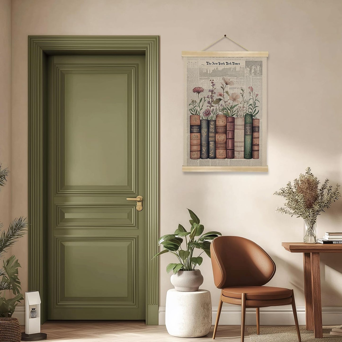 Vintage Book and Newspaper Posters, Retro Floral Wall Art with Wooden Hanger, Reading Corner Decor for Reading Nook, Bookish, Library,Book nook decor 14x18.5inch (BK013)