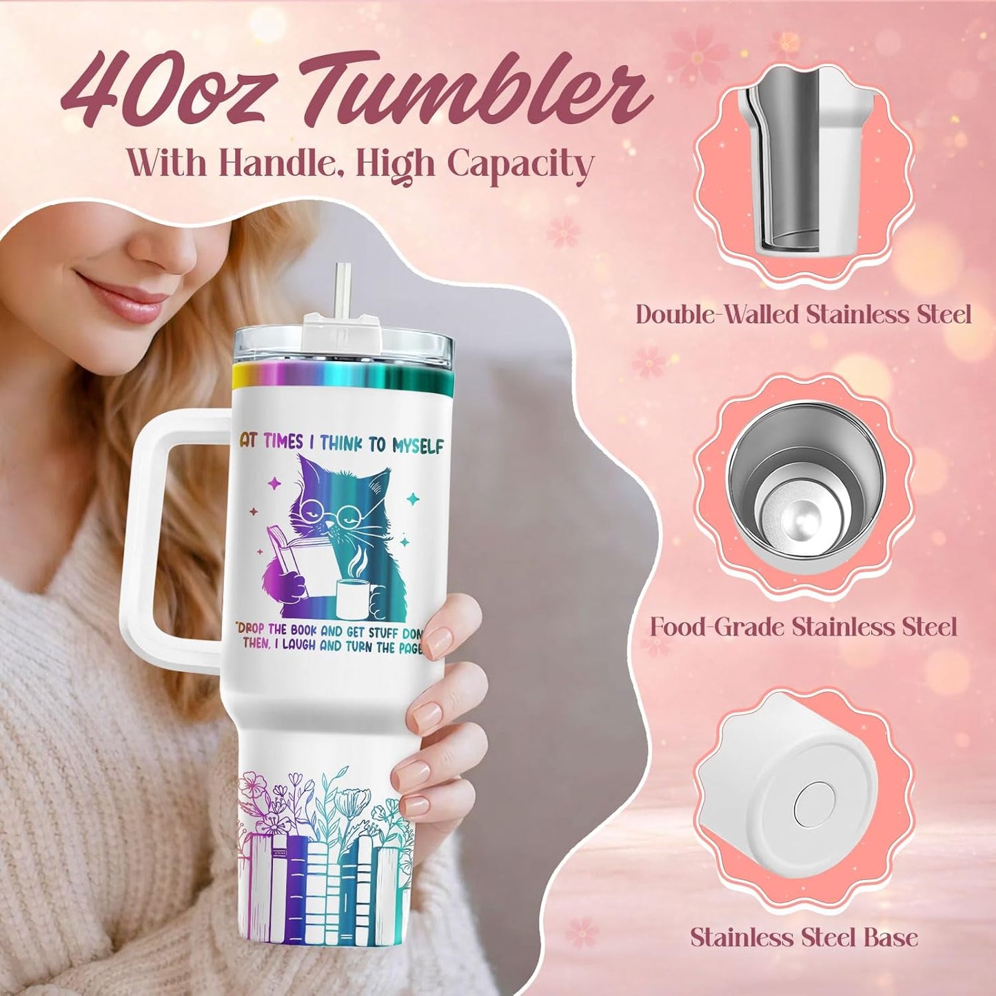 34HD Engraved Cat Mom Tumbler with Handle and Straw, 40oz Cute Gradient Book Cup Stainless Steel, Bookworm Coffee Mug, Cat and Book Birthday Gifts for Women Men Friends