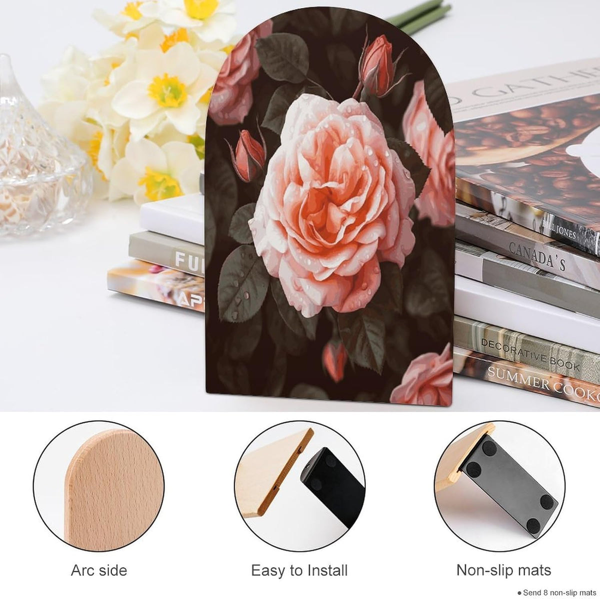 Rose Flower Wooden Bookend Non-Slip Book Ends Heavy Duty Book Stopper with Metal Base Books Holderd Decorative Bookends Stands Firmly for Office Supplies