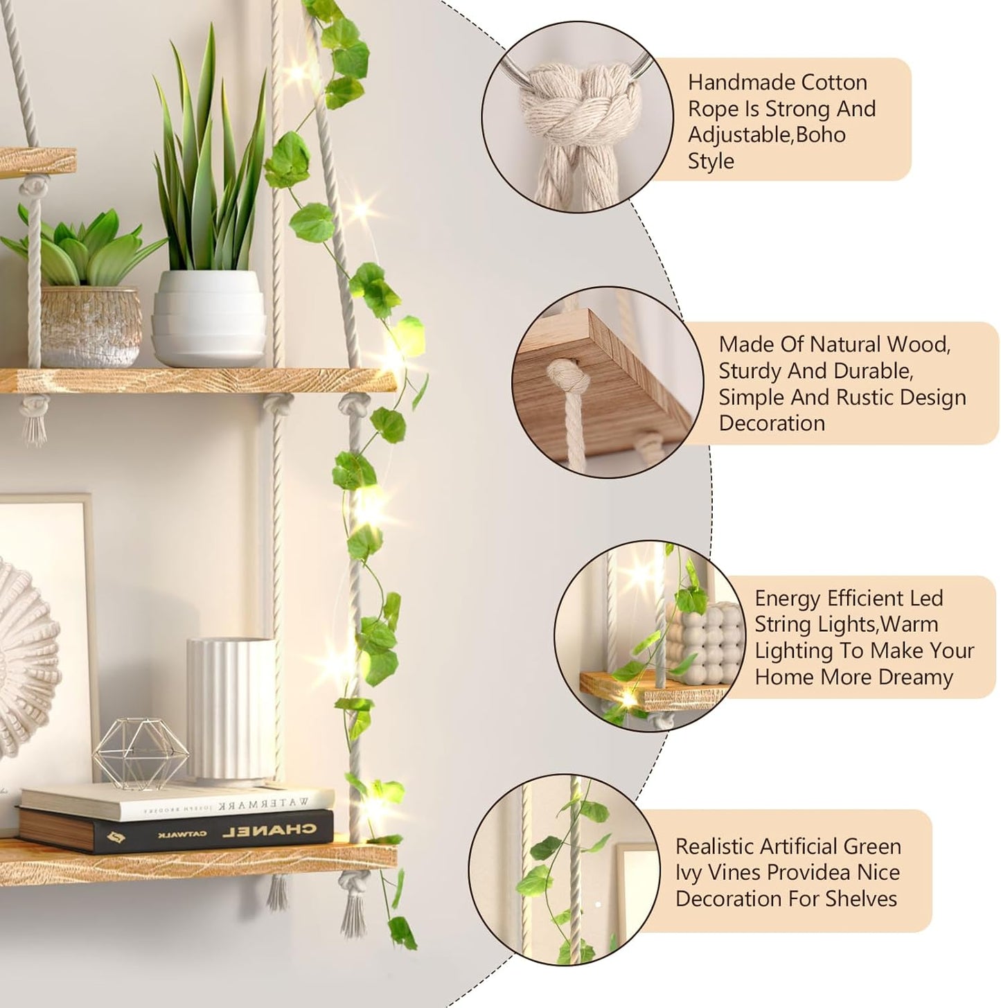 Hanging Shelves for Wall,Macrame Hanging Plant Shelf with Vine Lights 5 Tier Rope Floating Shelf Wood Organizer Storage Rack Boho Wall Decor Aesthetic for Succulents Bedroom Bathroom Kitchen