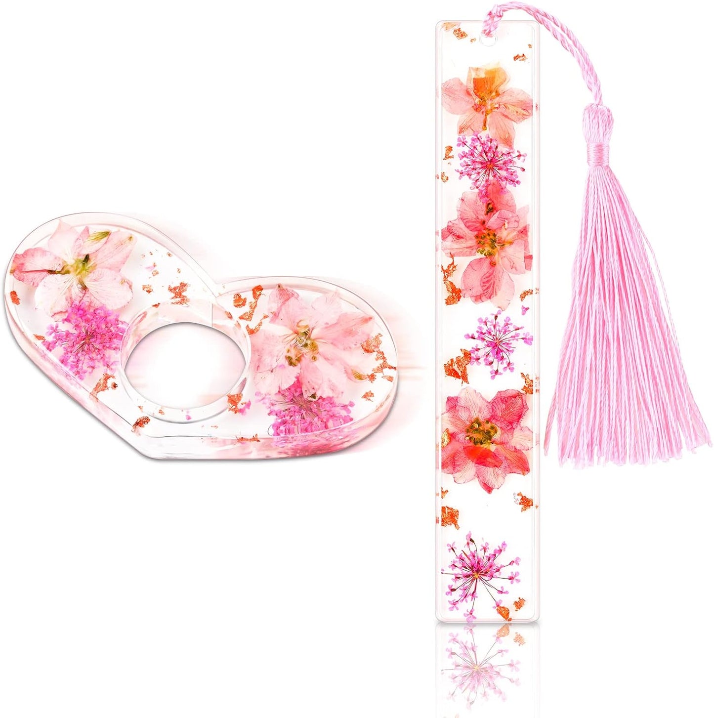 Dried Flower Resin Bookmarks and Book Holder Transparent Floral Page Marker with Tassels Handmade Thumb Ring Personalized Reading Accessories Gift for Women, Girls, Adults, Kids