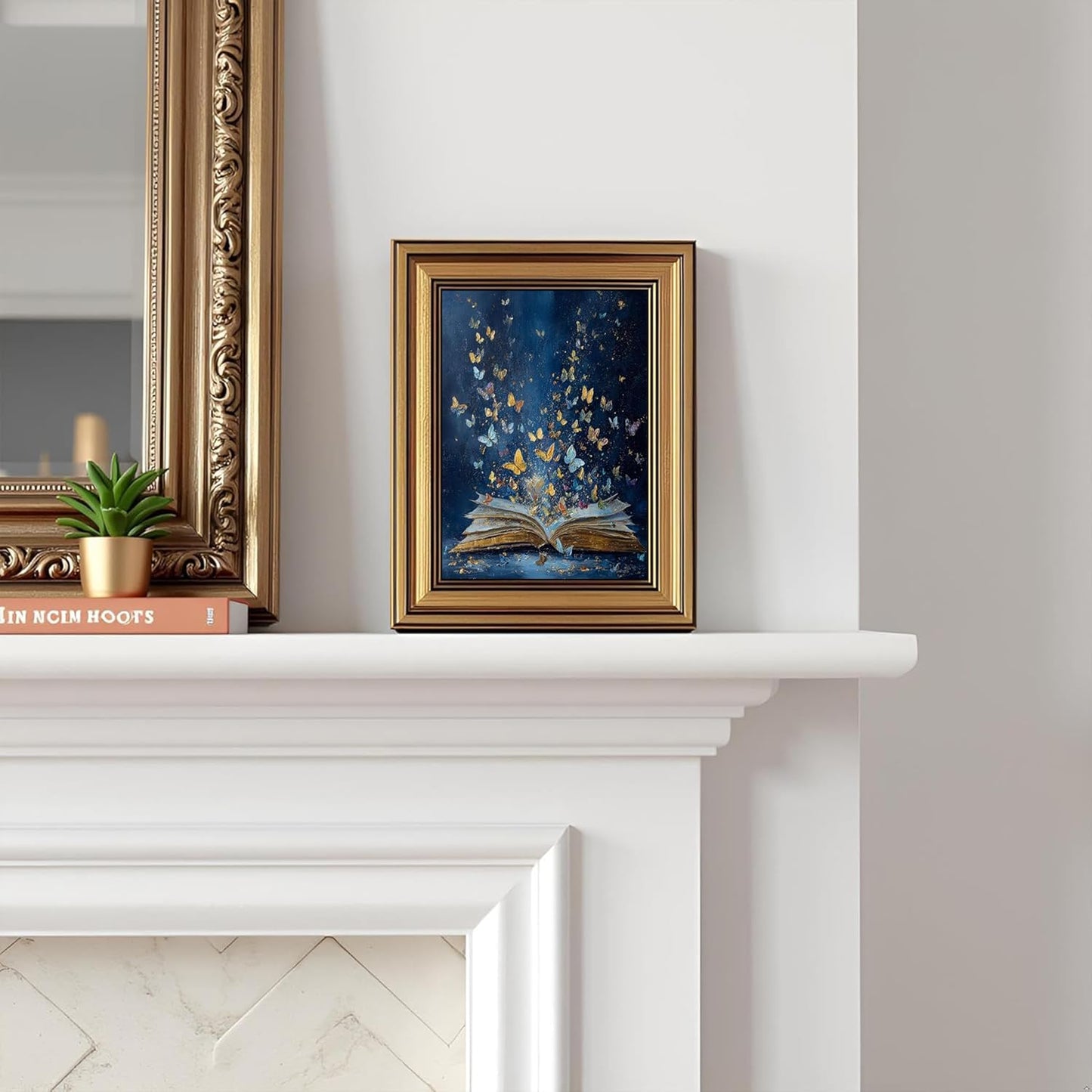 Dougepce 3D Texture Oil Painting,Vintage Gold Framed Wall Art, Classical Bookish Butterfly Paintings,Moody Wall Decor Aesthetic Artwork,Butterfly Emerging From Book Canvas Prints Picture, 12" × 16"