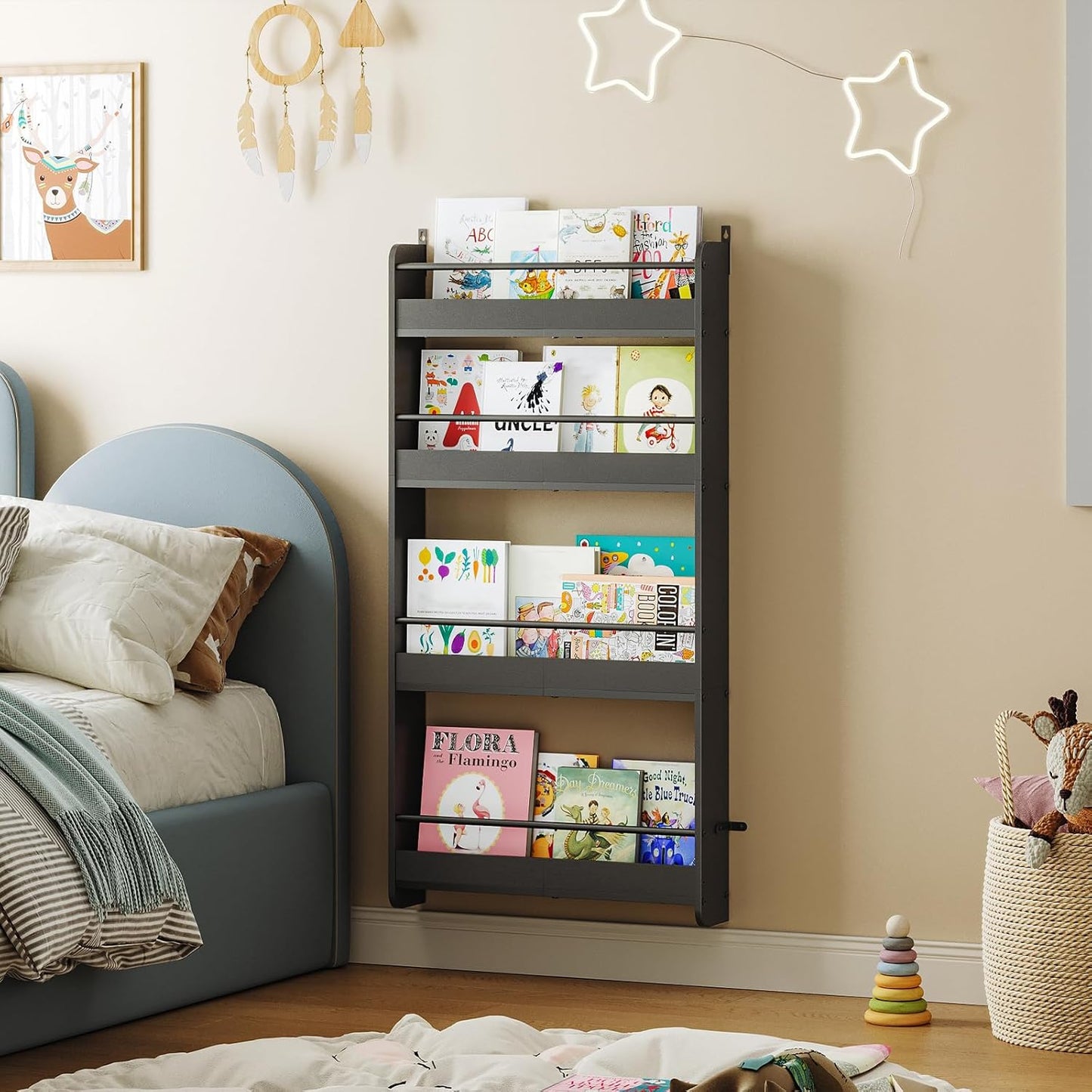 Kids Bookshelf, 4-Tier Wall Mount Bookshelf for Kids, Behind The Door Bookshelf, Hanging Book Shelf for Kids Room, Playroom, Bedroom, Living Room, Black KBBK7601