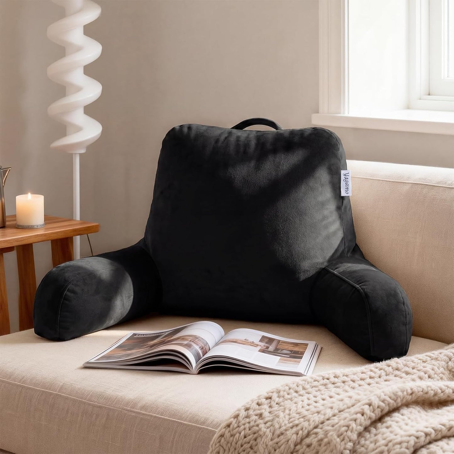 Reading Pillow for Bed Sitting Up, Adults and Teens Backrest with Arms, Velvet Back Support Pillow for Sitting on Sofa, Couch with Washable Cover- Standard, Black