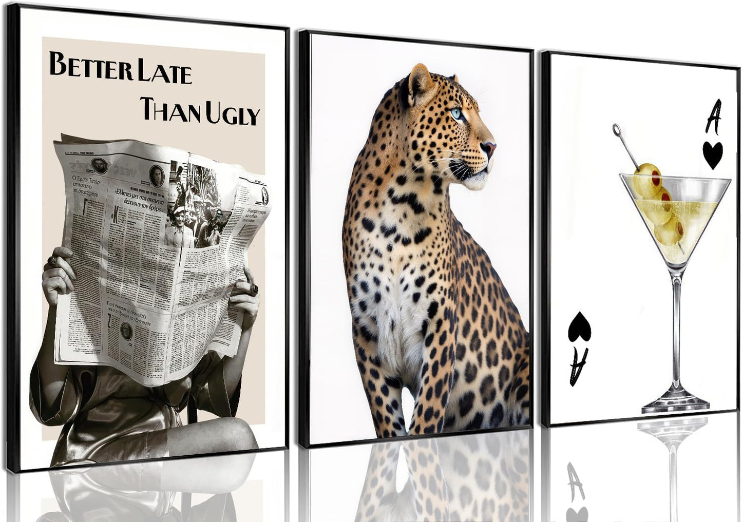 3Pcs Gold Leopard Canvas Wall Art Woman Reading Newspaper Leopard Poster Print for Living Room Dining Room Wall Decor（12×18in Unframed）