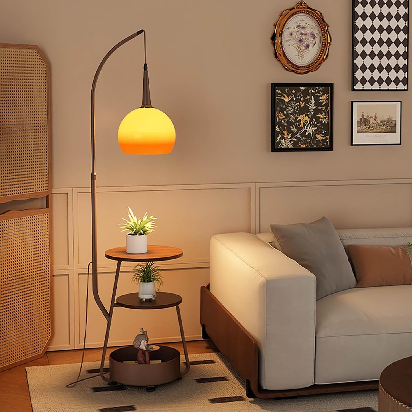 Modern Floor Lamp with Side Table for Living Room, Mid Century Tall Lamps Adjustable Height Fishing Standing Lamp with Storage Bucket, Floor Reading Lamp for Bedroom