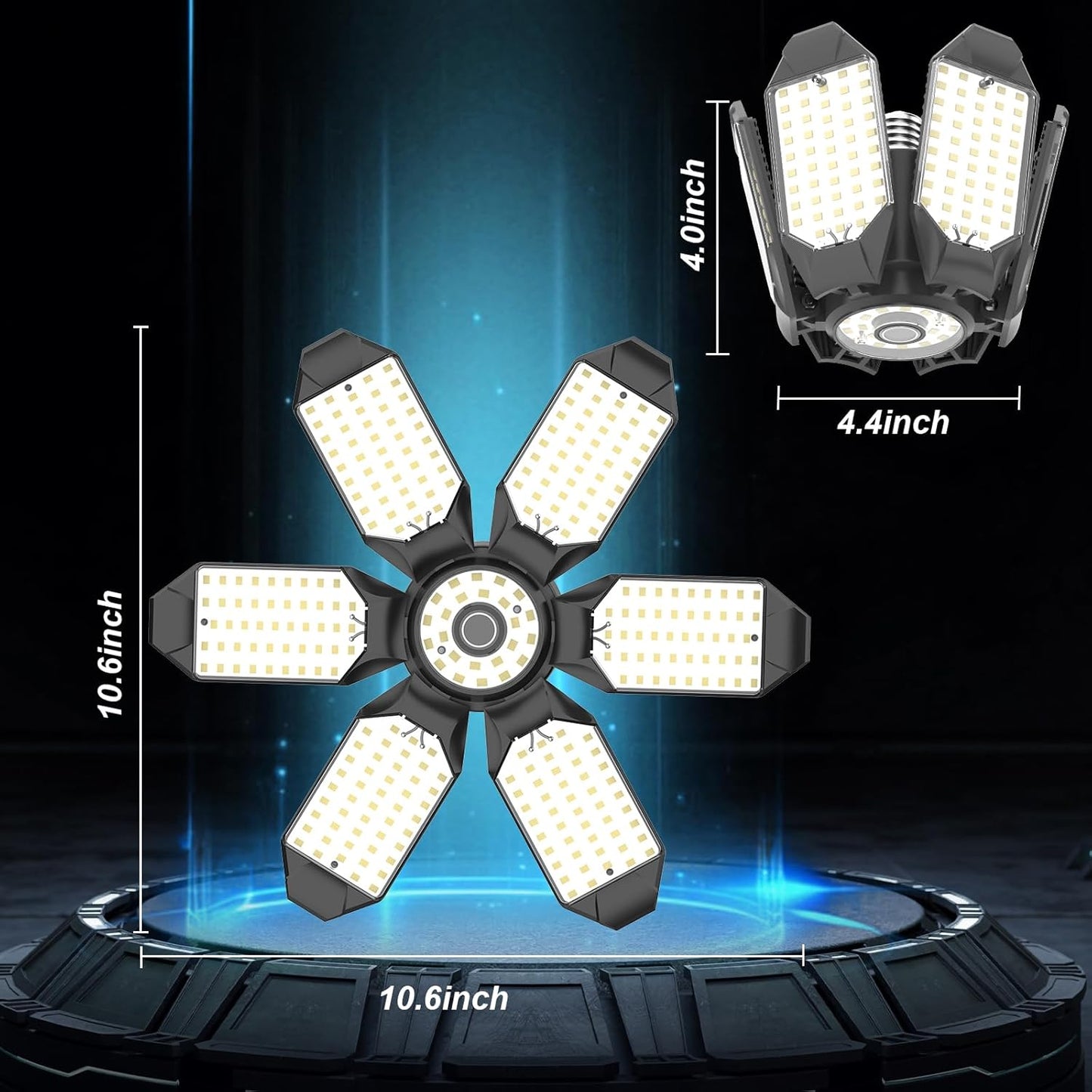 Led Garage Lights 6-Pack 200W Super Bright Ceiling Led Shop Lights, E26/E27 Base, 6500K, 22000LM Deformable Garage Light Ideal for Basement, Attic and Workshop