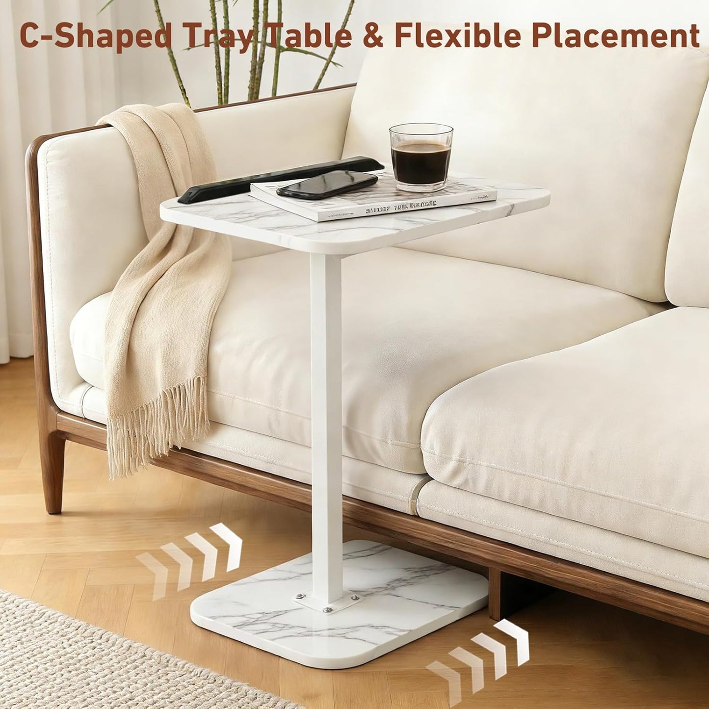 ShellKingdom Sofa Armrest Tray Table, C Shaped End Table for Small Spaces, Adjustable Height Small Side Table for Living Room, Bedroom, Home, Office (White Marble)