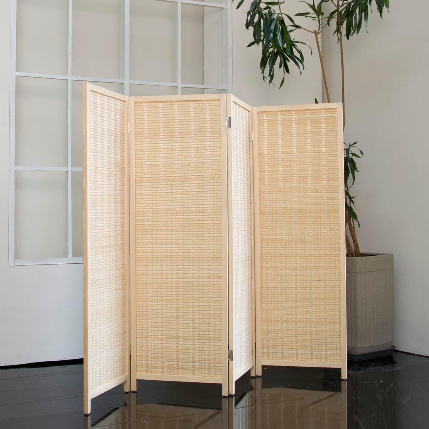 4 Panel Short Room Divider – 3.9 ft Tall Double-Side Folding Privacy Screen, Natural Beige Bamboo Partition Wall for Home Office, Living Room & Corner Spaces