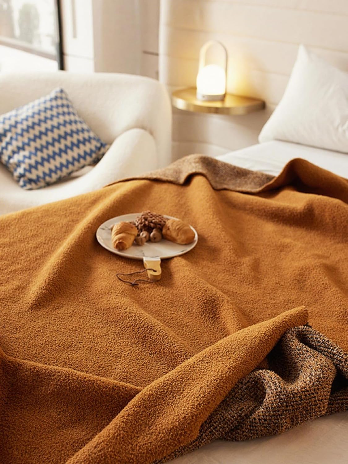 Burnt Orange Throw Blanket 50x70, Reversible Textured Fleece Blankets for Couch and Bed, Soft Warm Decorative Cozy Sofa Blanket for All Seasons