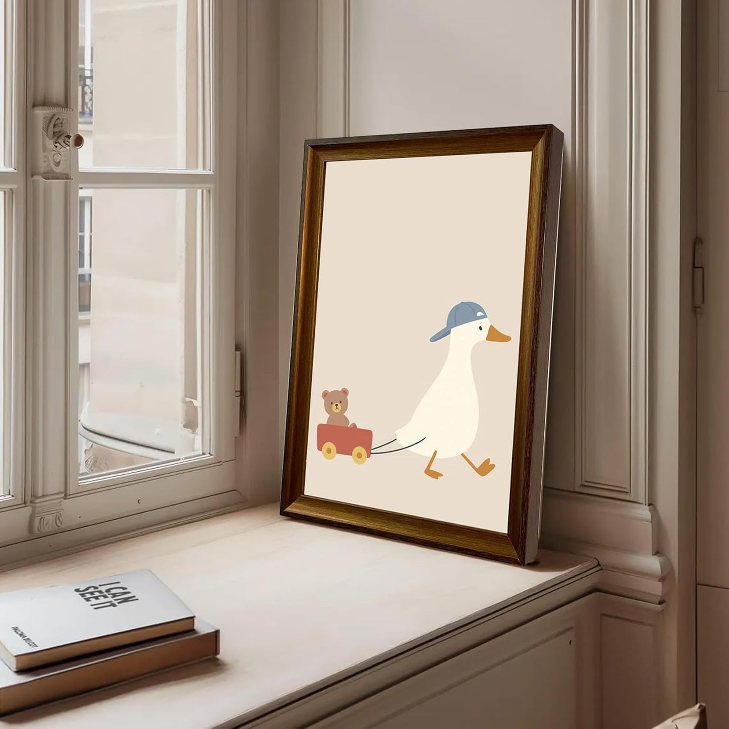 Framed Cute Goose Wall Art Funny Goose Pulling Toy Duck Canvas Print Minimal Nursery Animal Wall Decor for Kids Room Playroom Ready to Hang 8inx10in
