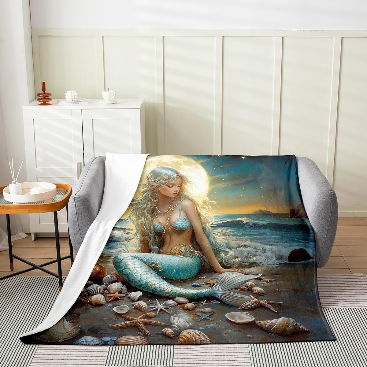 Erosebridal Mermaid Flannel Blanket Queen Inch Princess Girl Fleece Blanket Nautical Ocean Moon Night Beauty Fuzzy Plush Throw Mysterious Beach Shells Waves Living Room Decor