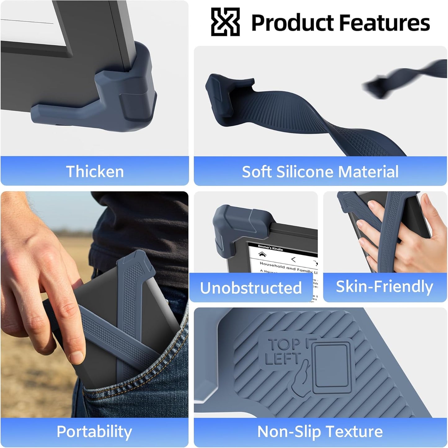 ELETIUO Hand Strap for Kindle Basic Gen 11 (2022) & Kobo Nia-2 Pack Lightweight Silicone Grip for 6" E-Readers,Secure Anti-Slip Holder for Comfortable Reading,Small-Dark Blue