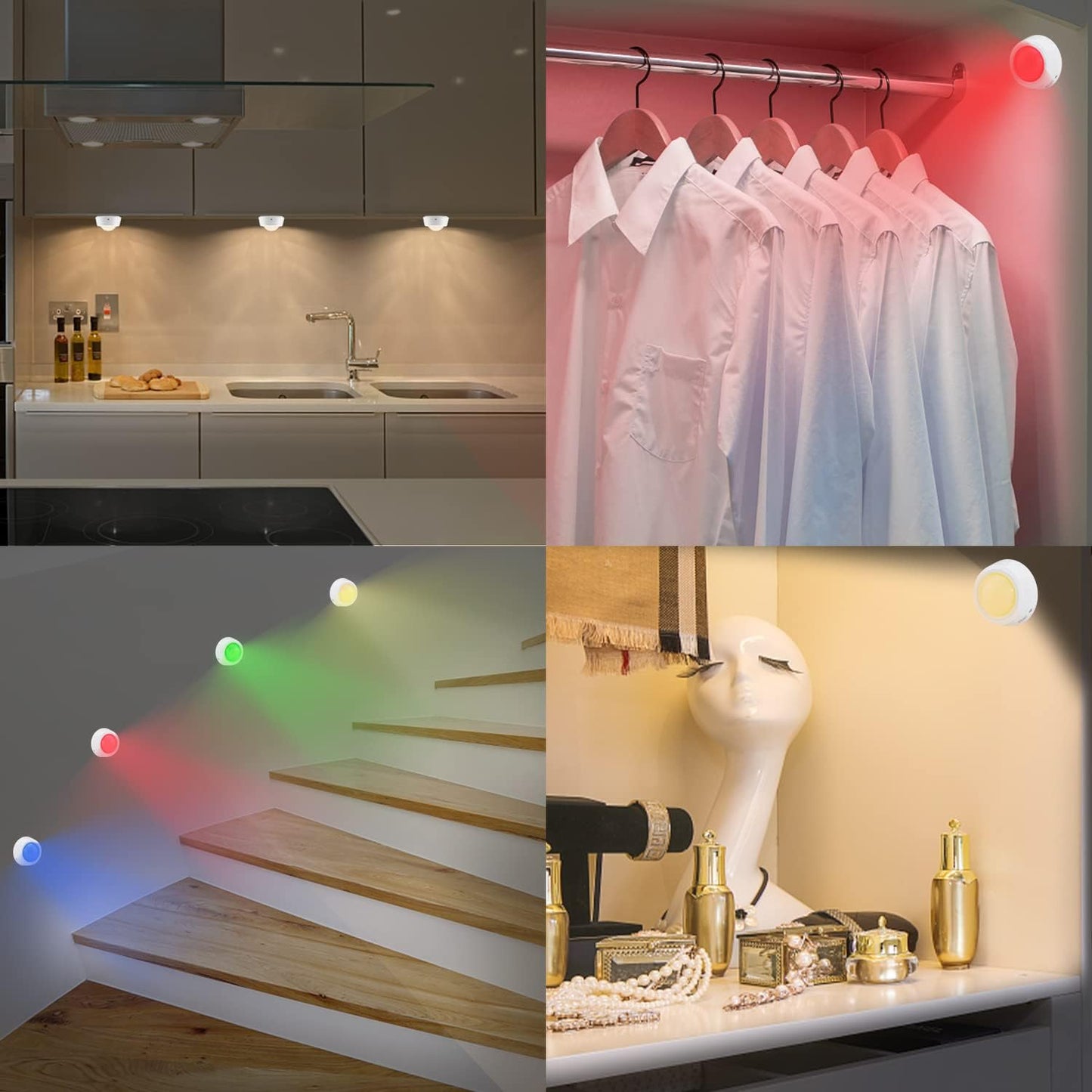 BIGLIGHT Battery Operated Closet Lights with RGB, Wireless Tap Light, LED Puck Lights, Remote Controlled Color Changing, Stick on Voice Level Lights for Classroom， 4 Pack