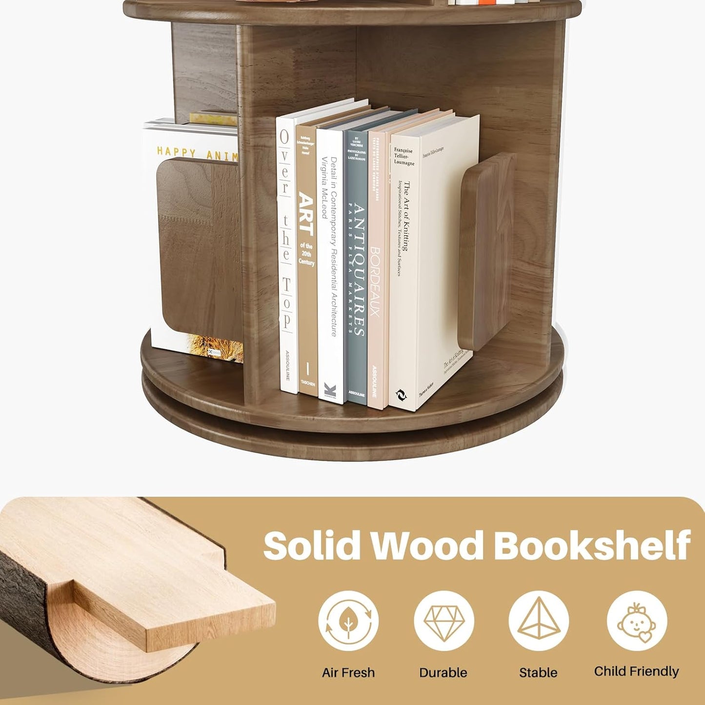 Wooden Rotating Round Bookshelf Tower - 4 Tier 51“ H Tall Solid Wood Walnut Bookshelf for Small Space, 360° Spinning Revolving Modern Bookcase Tower for Living Room, Bedroom, Home Office