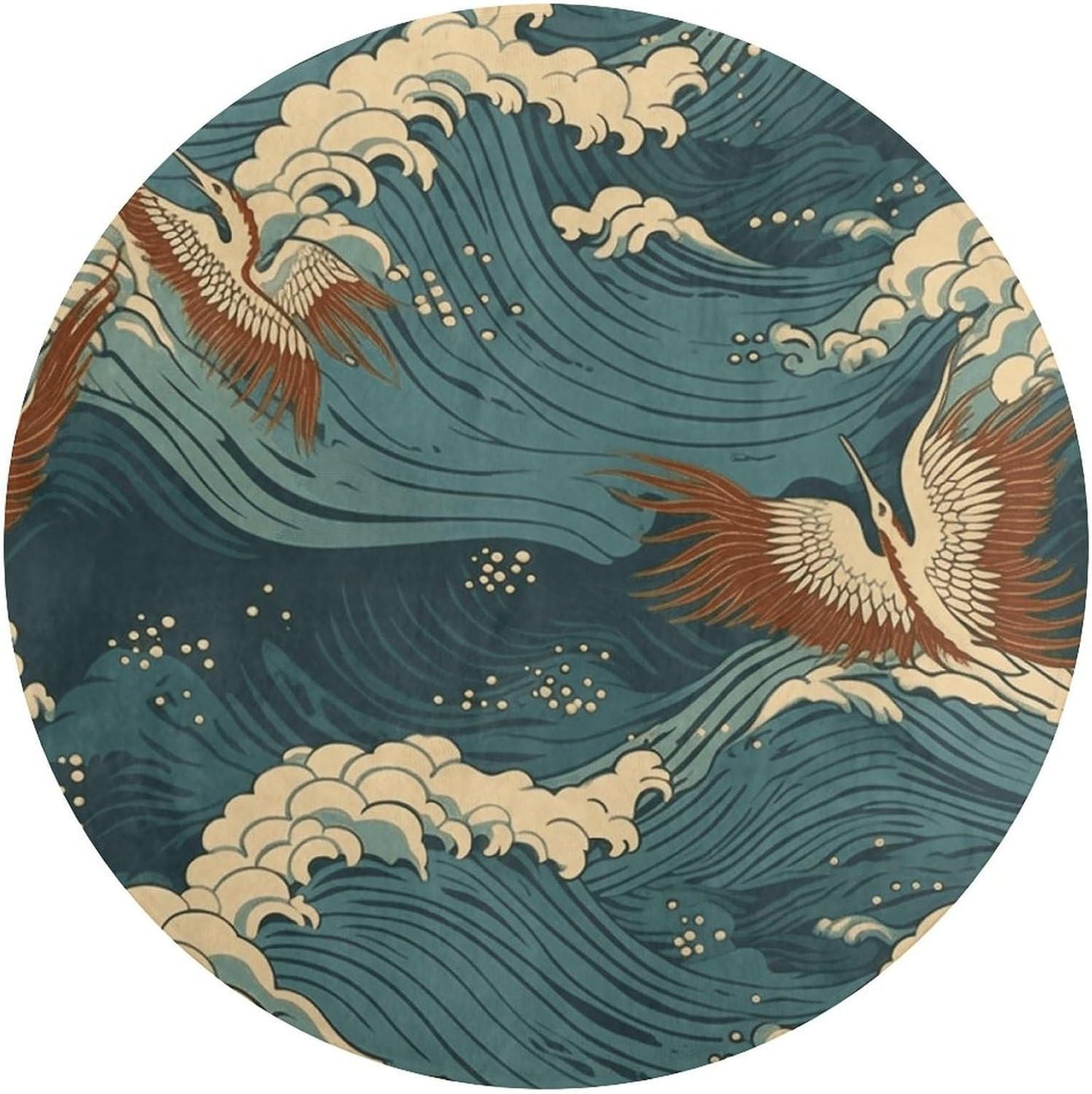 Japan Wave Wallpapers Circle Rug Retro Luxury Coral Velvet Floor Mat Non Slip Soft Indoor Floor Carpet Comfy Thickened Area Rugs Modern Aesthetic Minimalist Carpets for Home Decor
