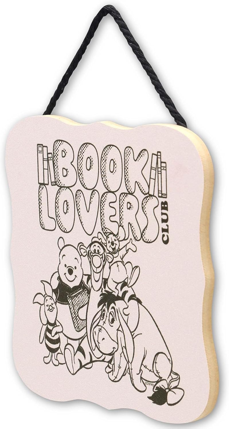 Disney Winnie the Pooh Book Lovers Club Hanging Wood Wall Decor - Cute Pooh and Friends Sign for Home or Classroom
