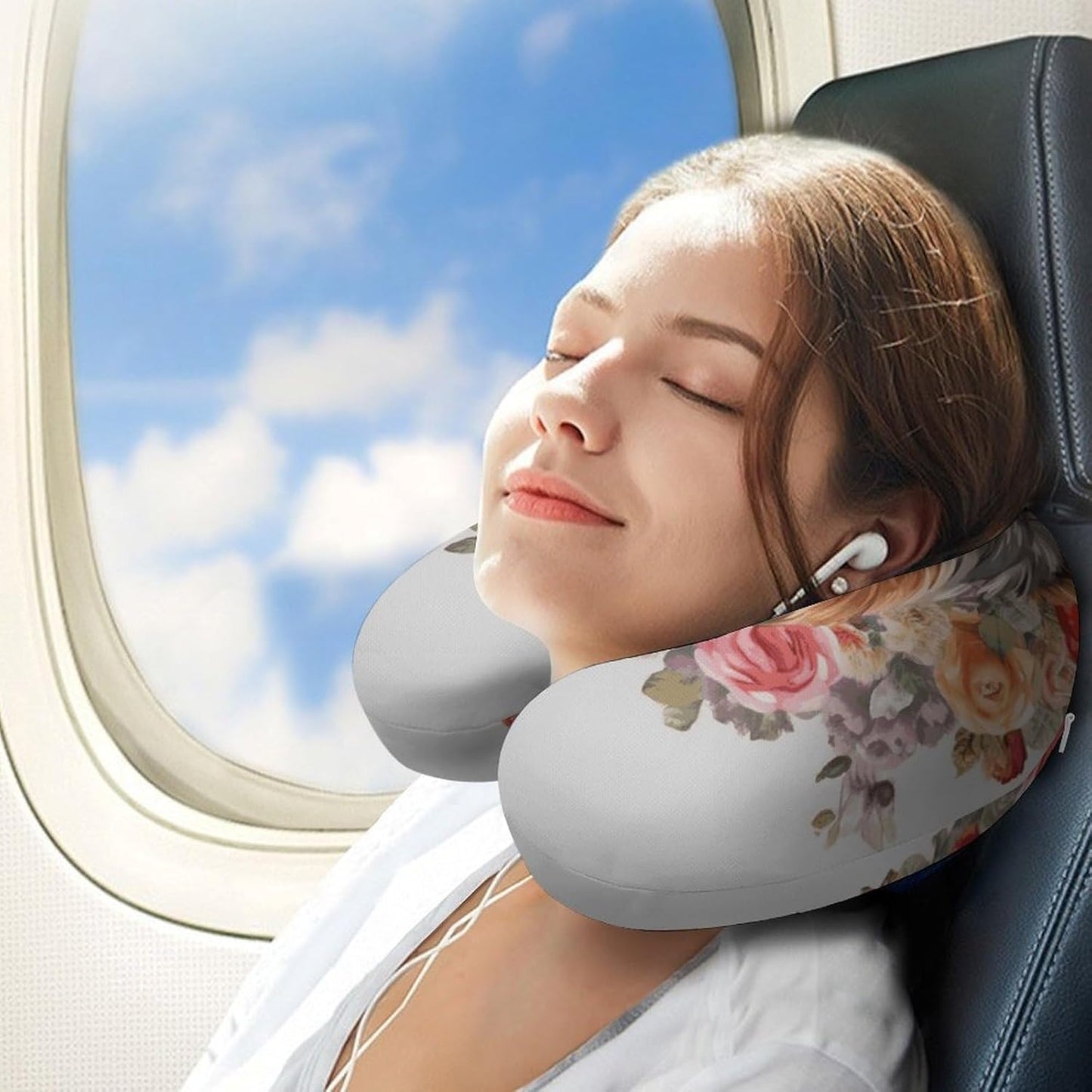 Yorkie Floral Neck Pillow Memory Foam U Shaped Pillows Portable Pillows for Shoulder Travel Head Support Pillow with Concealed Zipper for Airplane Car Home Office
