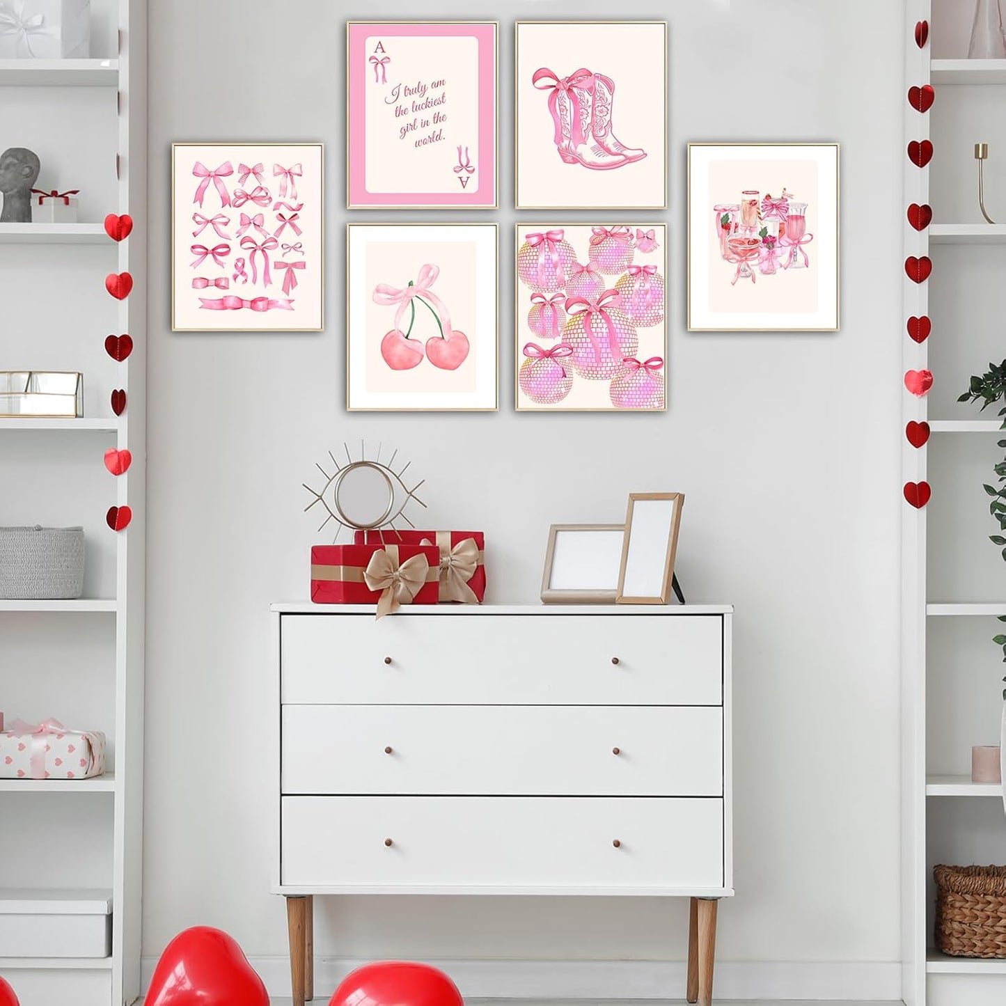 Pink Coquette Wall Art Prints Set of 6 – Trendy Preppy Room Decor for Girls Bedroom & Dorm – Pink Bow, Disco Ball, Cherry & 8 Ball Posters – 8x10 Unframed Aesthetic Wall Decor