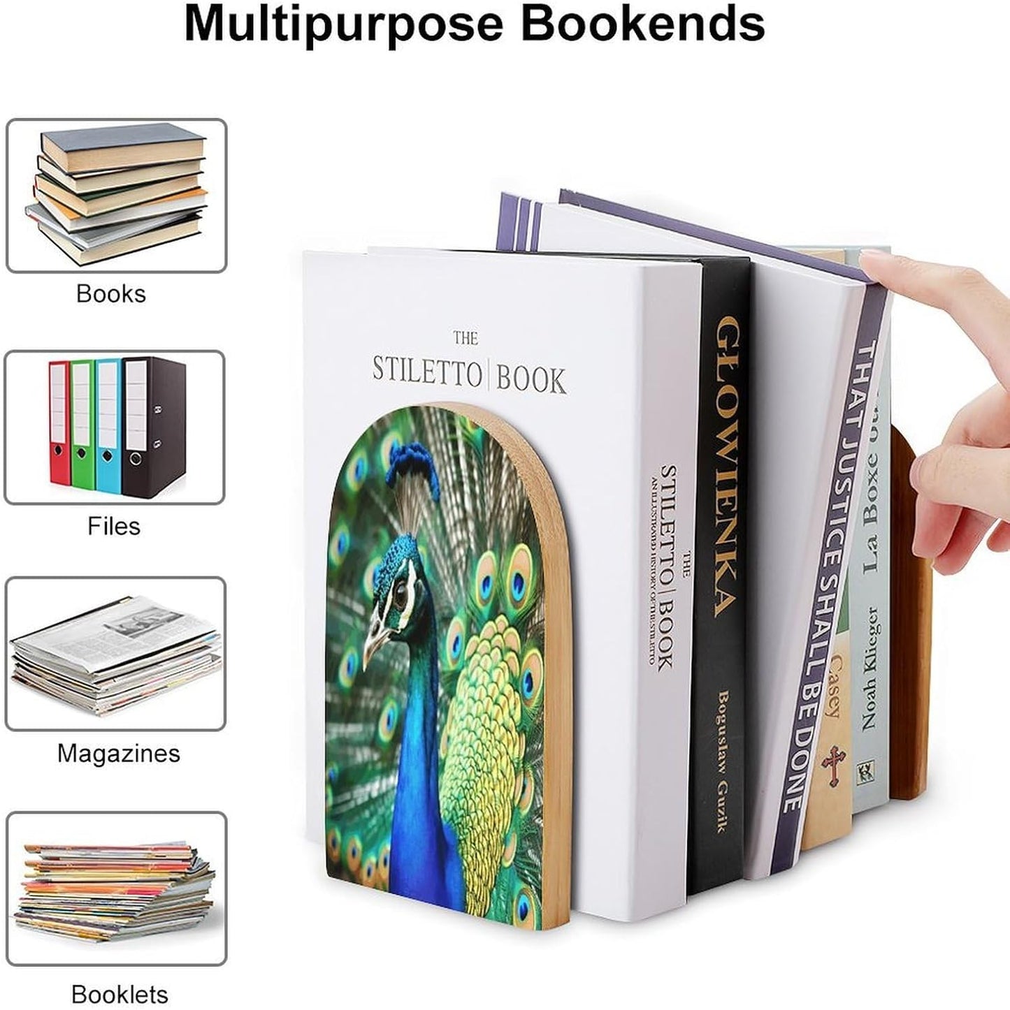 Beautiful Peacock Bookend for Shelves Wooden Book End Large Size Sturdy Book Holders Stoppers with Metal Base for Bookshelves Slick Decorative Bookends Stands