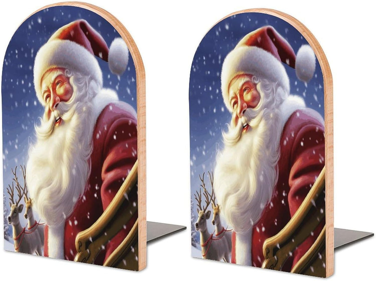 Santa Claus Wooden Bookend Non-Slip Book Ends Heavy Duty Book Stopper with Metal Base Books Holderd Decorative Bookends Stands Firmly for Office Supplies