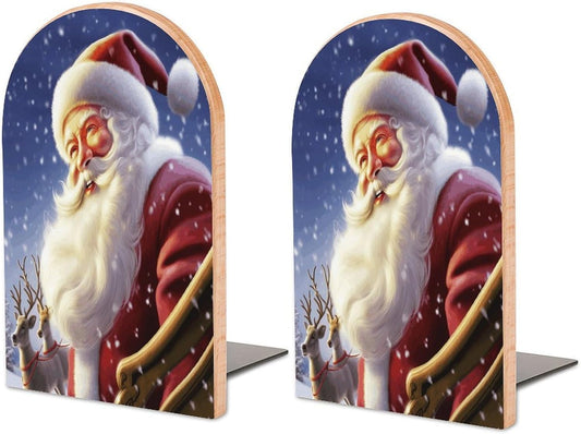Santa Claus Wooden Bookend Non-Slip Book Ends Heavy Duty Book Stopper with Metal Base Books Holderd Decorative Bookends Stands Firmly for Office Supplies