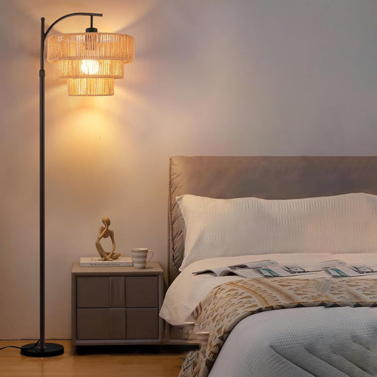 Boho Floor Lamp for Living Room Bedroom with Remote,Arc Farmhouse Floor Lamps with 3 Color Temperature,Rustic Standing Lamp with 3-Tier Rattan Wicker Shades,Adjustable Tall Lamp for Office,Corner