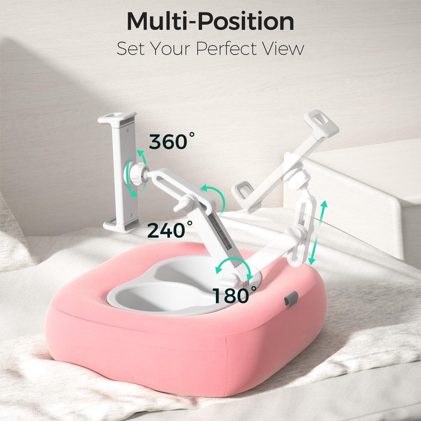 Tablet Pillow Stand, Adjustable Kindle Holder with 2 Snack Bowls, 360° Adjustable iPad Stand for Bed with 4.7''-13'' iPad, Kindle, Phone, Gift for Reading Accessories on Bed, Sofa, Pink