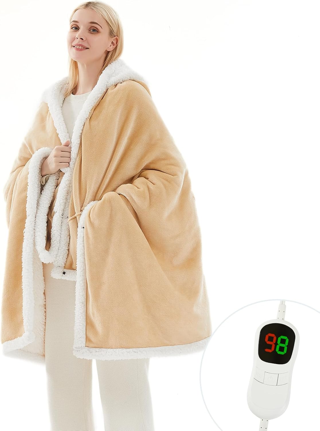 Heated Electric Blanket Shawl: Heating Throw Heated Poncho - Wearable Blanket Hoodie Wrap Sherpa with 10 Heat Levels & Multi Heating Time Settings (40x70'' Biege)