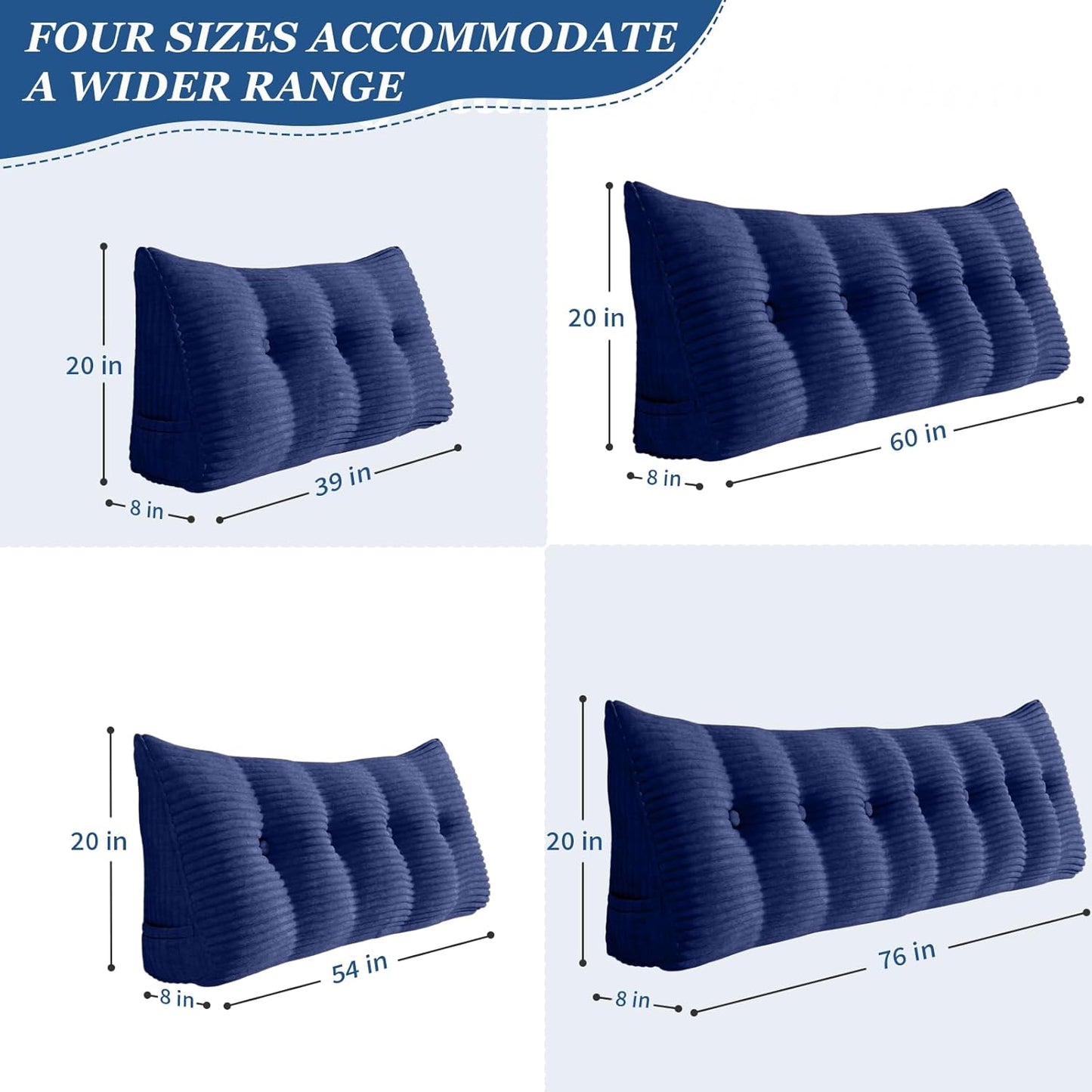 Headboard Pillow Twin Triangular Wedge Pillow for Headboard Bolster Pillow for Bed Sofa Daybed Pillow for Sitting Up Reading or Working with Removable Cover, Blue