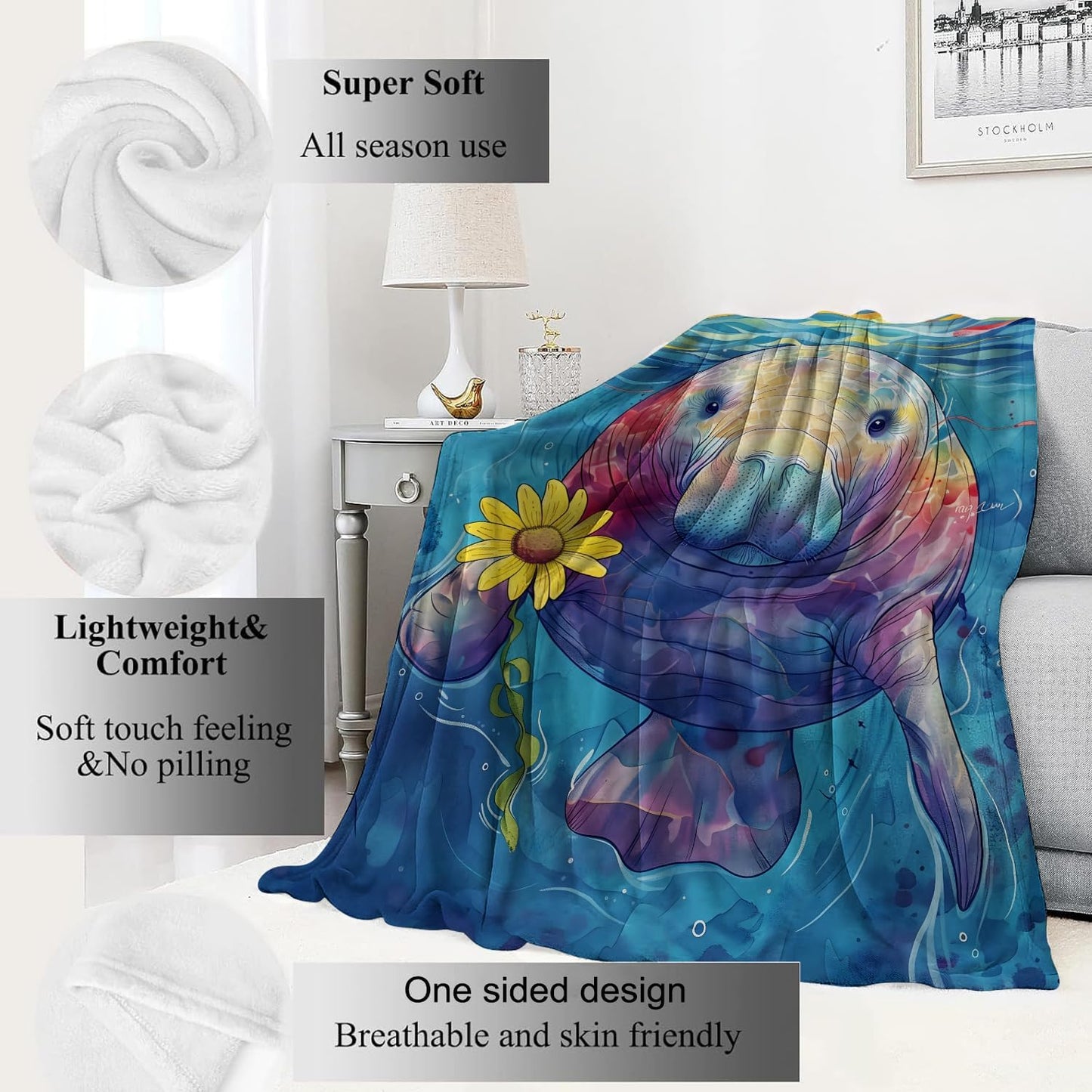 Manatee Blanket Playful Ocean Animal Throw Blankets with Sunflower,Birthday Gifts for Kids Adult,Lightweight Soft Fleece,for Sofa Couch Bed Room Art Artistic Whimsical Decor 50x60in