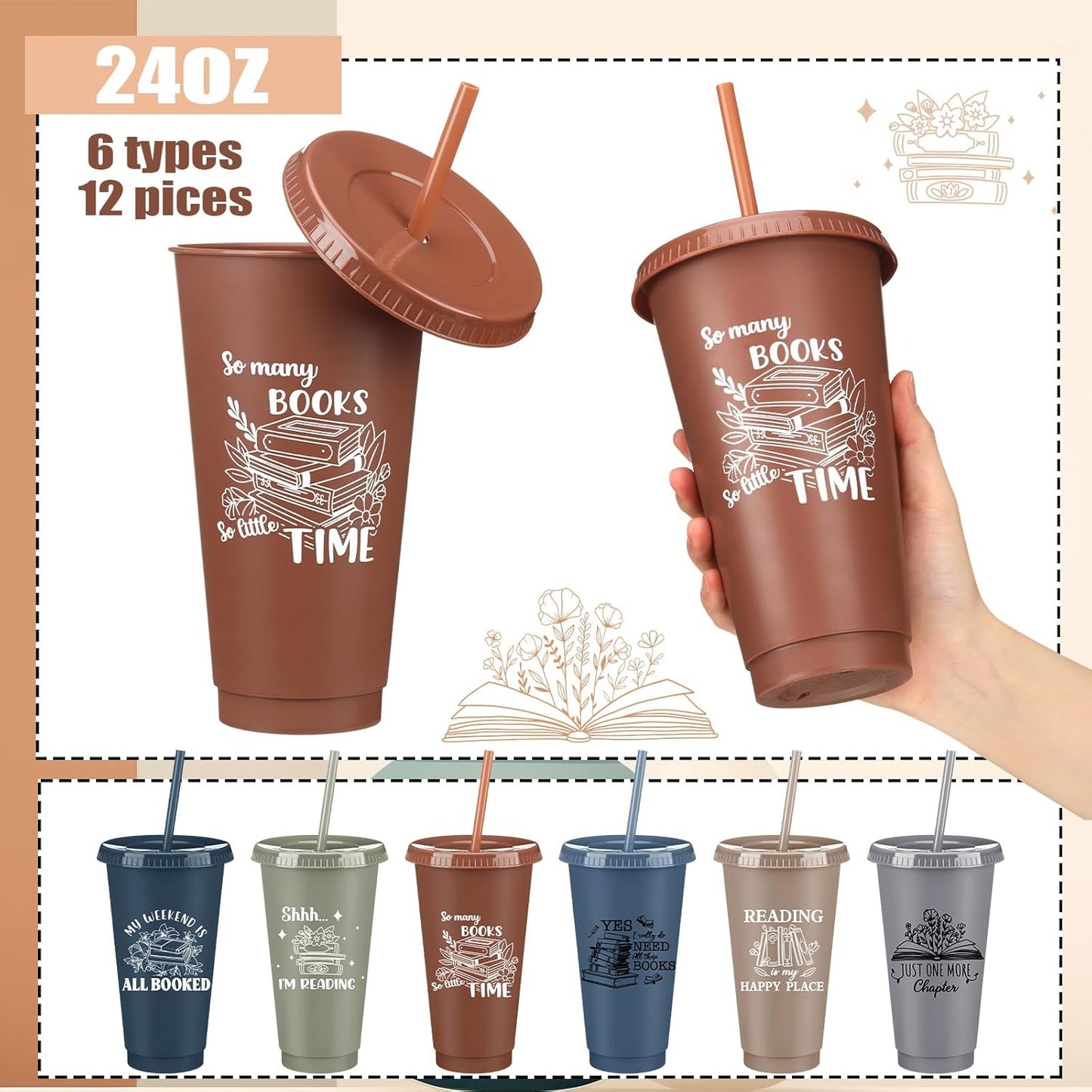 Sliner 12 Pcs Book Lovers Gifts 24 oz Book Club Themed Tumbler with Straw and Lid Reusable Bookish Gifts for Reader Themed Party Birthday library(Morandi)