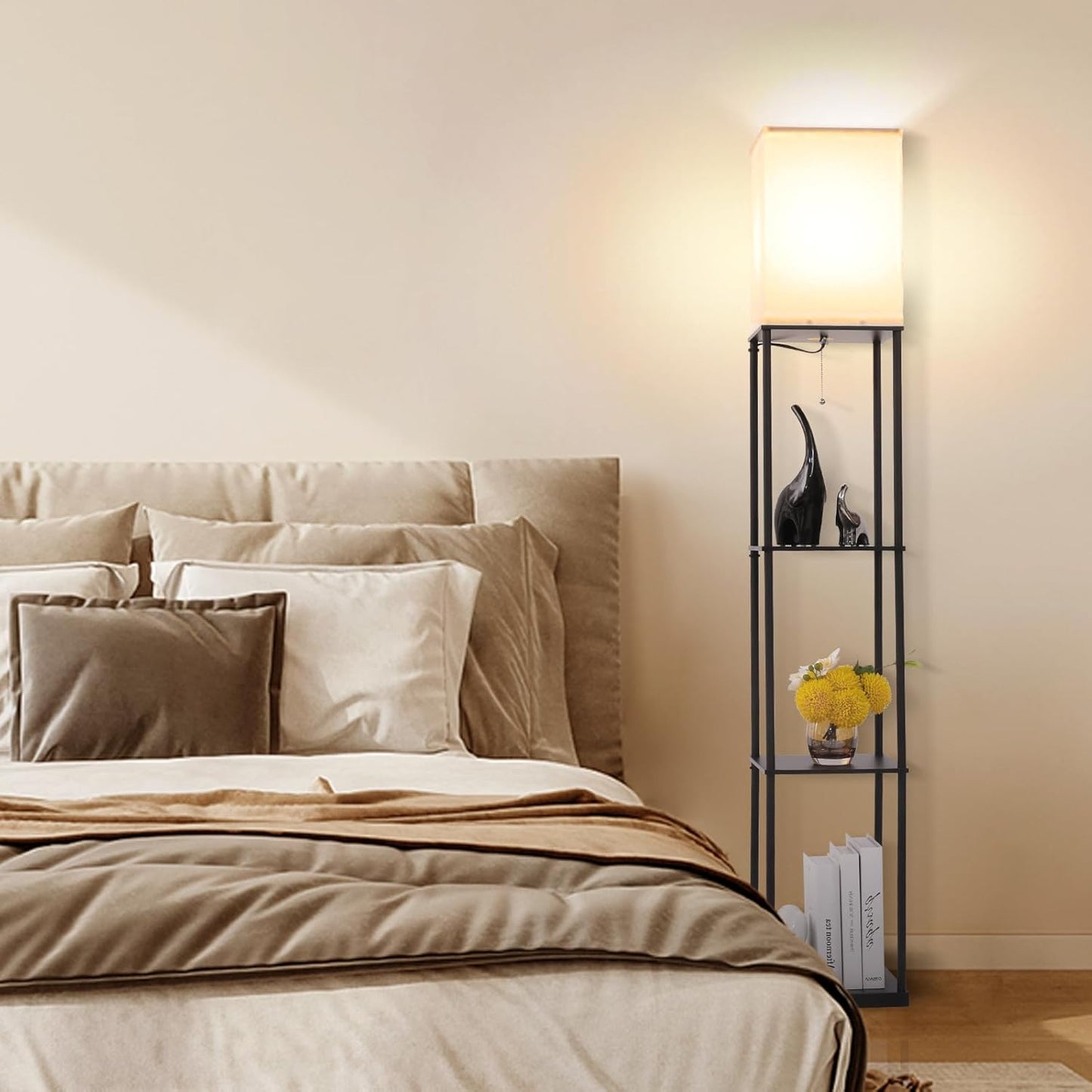 Floor Lamp with Shelves, Modern Square Standing Lamp with 3 Color Temperature Bulb, Corner Display Bookshelf Lamp for Living Room, Bedroom and Office (Black)