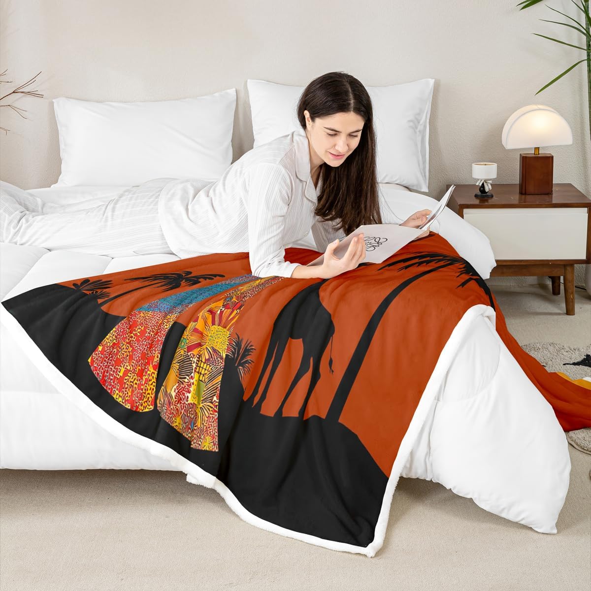 African Woman Themed Warm Plush Blanket Brown African Pattern Fleece Blanket Ethnic Afro Giraffe Sherpa Throw Blanket for Sofa Couch Women Room Decor Black Palm Tree Print Blanket Throw 50"x60"
