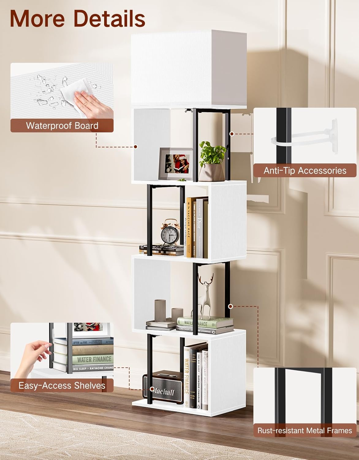 5-Tier Floor Lamp with Shelves & Remote, Dimmable S-Shaped Bookshelf with 3 Color Temperature, 1-Hour Timer, Tall Corner Standing Lamp for Living Room, Bedroom, Office(Black White)
