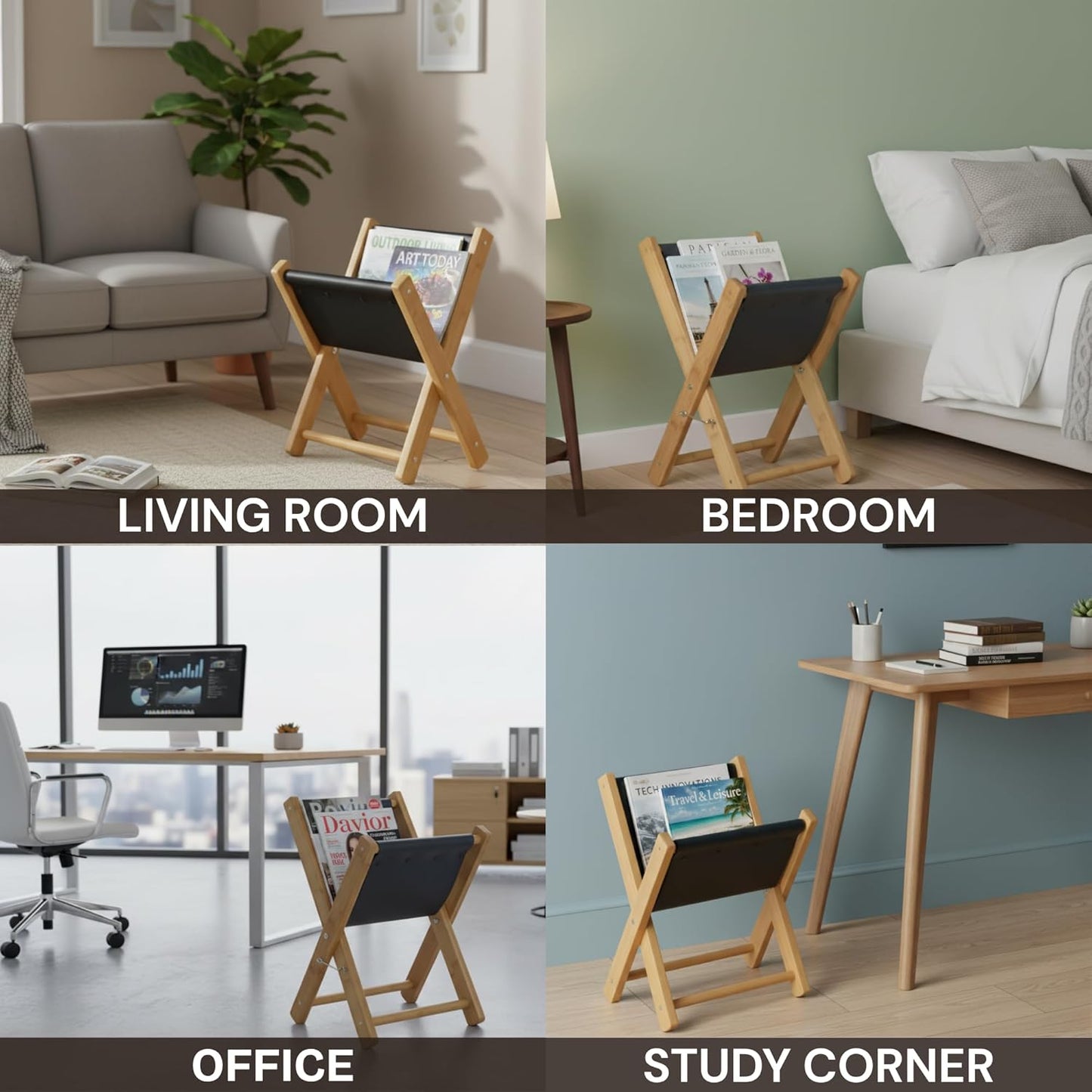 Premium Leather Magazine Holder - Wooden Magazine Rack Floor Standing - Brochure Holder and Book Display Stand - Modern Magazine File Holder & Newspaper Rack for Home, Bathroom, Office Decor