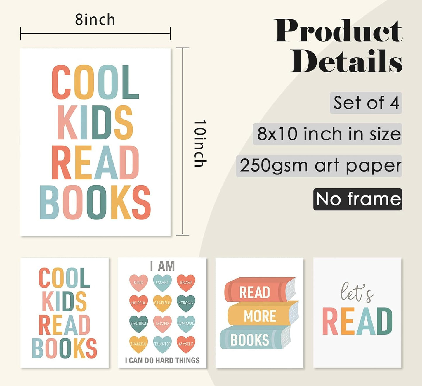 ULEGIE Cool Kids Read Book Wall Art Decor, Reading Corner Decor for Classroom, Let's Read Sign Wall Art Prints for Posters Kids Reading Nook Classroom Nursery Decor, Set of 4 8x10 Inch Unframed