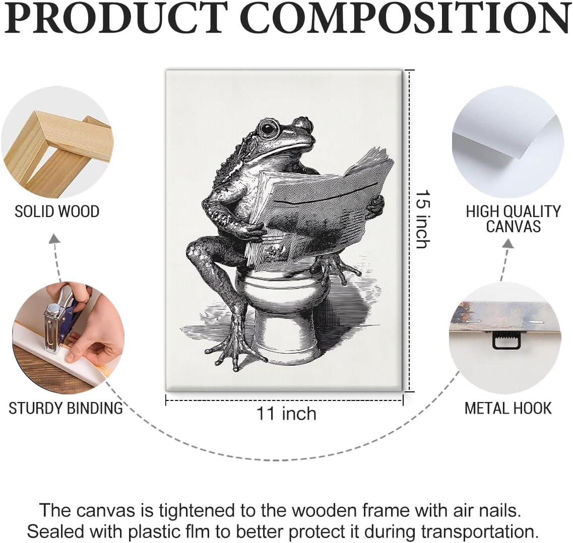 Funny Retro Toad Bathroom Wall Art Decor Toad Reading Newspaper on Toilet Print Picture Funny Animal Bathroom Wall Decor 11x15 Inch Canvas Framed