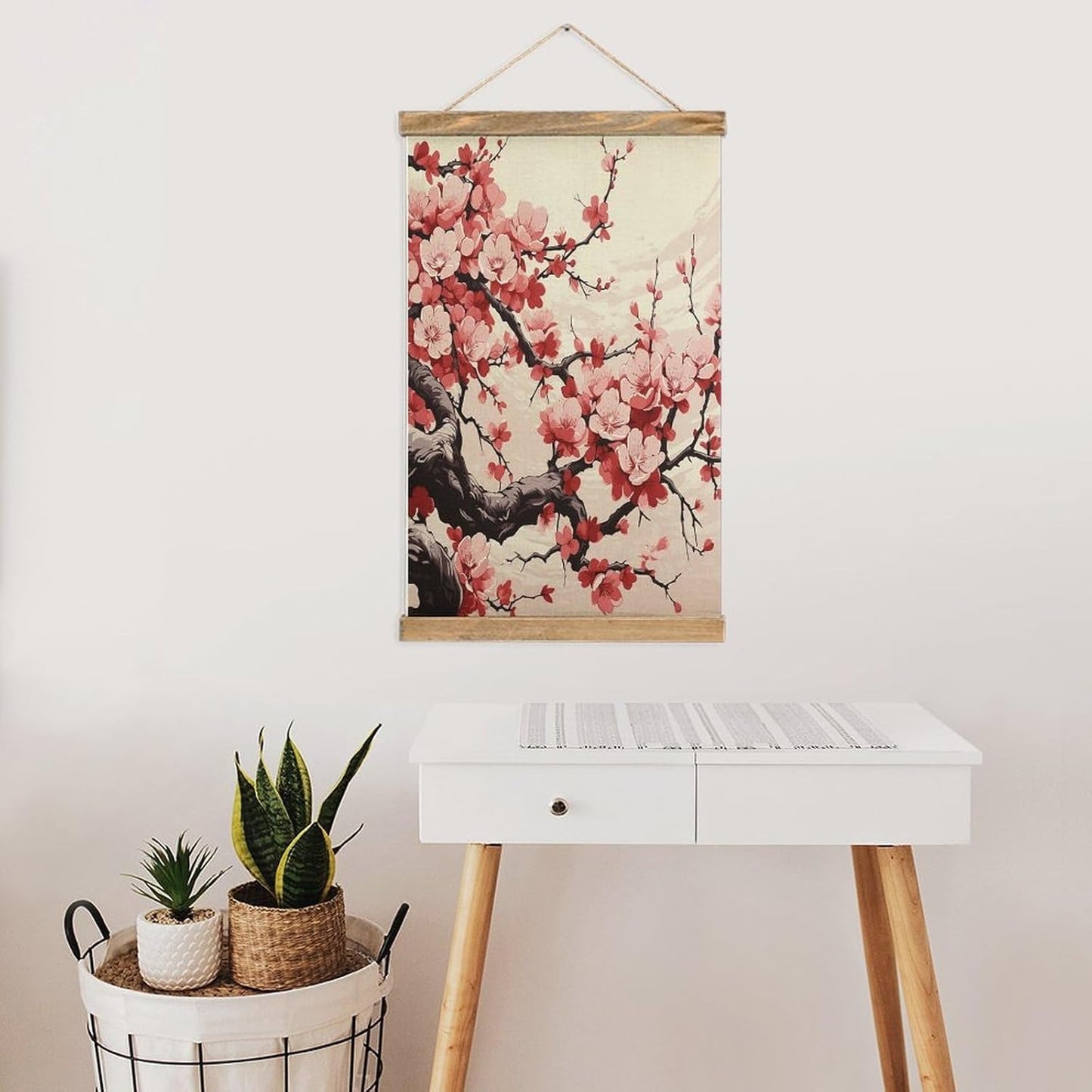 Vintage Japanese Floral Cherry Blossom Poster with Wooden Frame Personalized Linen Hanging Scroll Painting Rustic Wall Hanging Illustrative Modern Artwork Decor for Home Living Room Bedroom Office