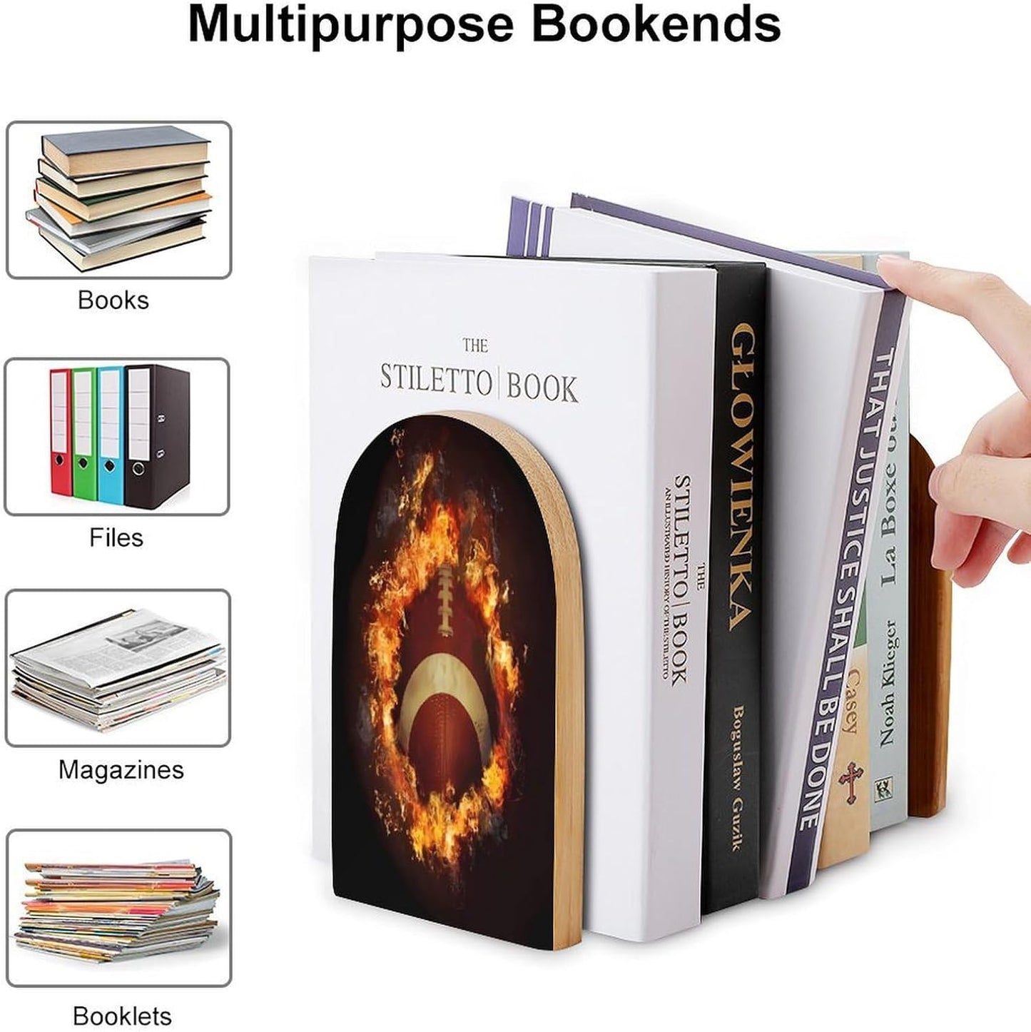 Flaming American Football Wooden Bookend Non-Slip Book Ends Heavy Duty Book Stopper with Metal Base Books Holderd Decorative Bookends Stands Firmly for Office Supplies