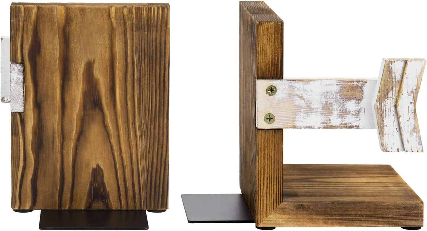 MyGift Farmhouse Bookends, Rustic Book Ends Kitchen, Tabletop Boho Bookend Support Stands, Whitewashed Arrow Design and Burnt Dark Brown Wood