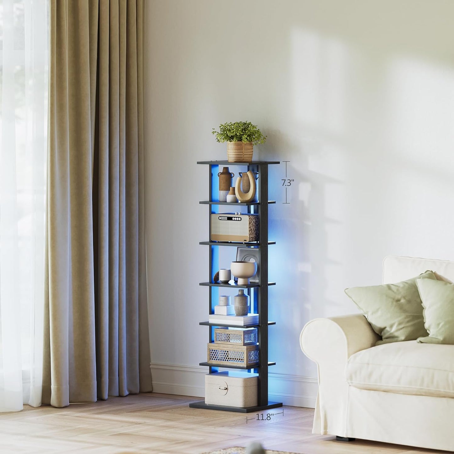 7-Tier Bookshelf, Narrow Bookcase with LED Lights, 47.2 Inch Book Shelf for Small Space, Display Storage Shelf for Living Room, Bedroom, Home Office, Study, Black