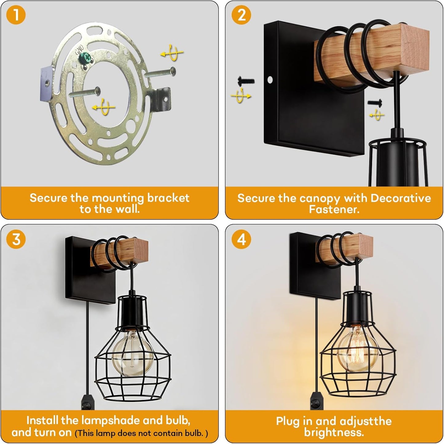 Lightess Plug in Wall Sconces Set of 2, Industrial Wall Mount Light Fixture with ON/Off Dimmable Switch Cord, Black Rustic Wall Lighting for Bedroom Living Room, Bulb Not Included