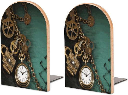 Steampunk Watches Keys and Chains Wooden Bookend Non-Slip Book Ends Heavy Duty Book Stopper with Metal Base Books Holderd Decorative Bookends Stands Firmly for Office Supplies