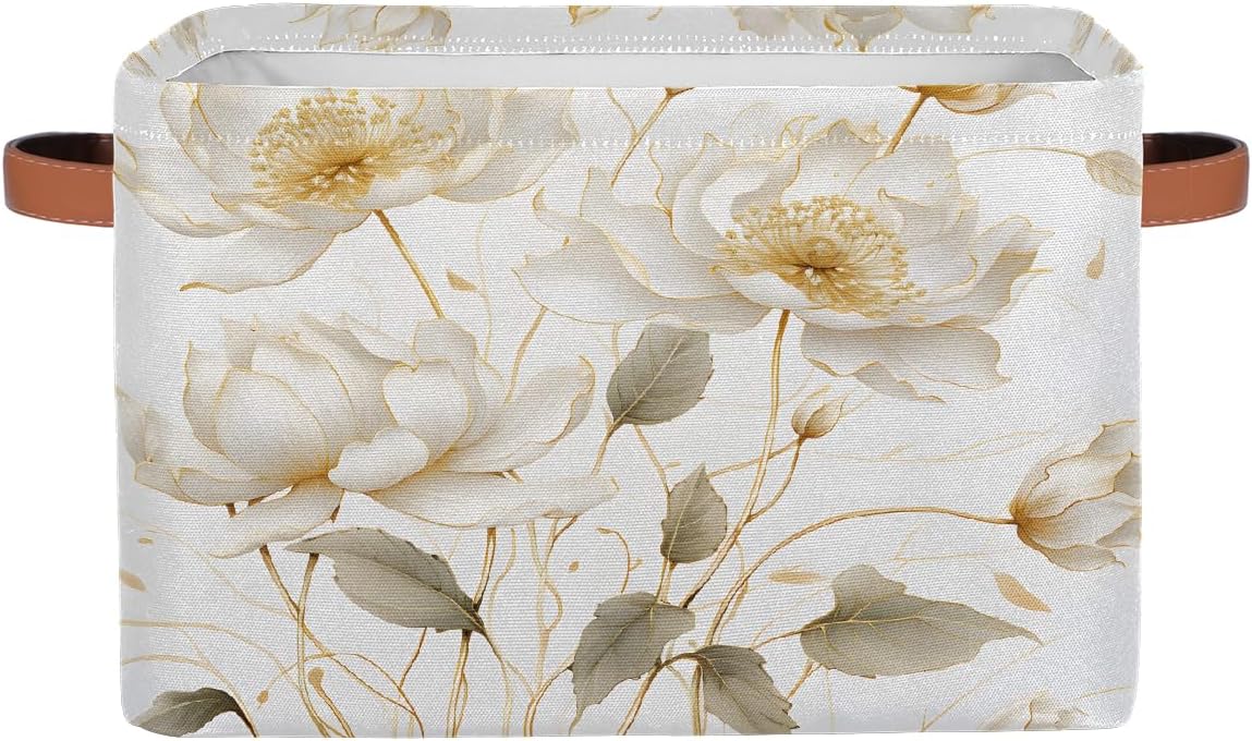 Rectangular Storage Basket White Flower Decorative Storage Bins Boxes Collapsible Cubes Organizer with PU Leather Handles for Home Organization