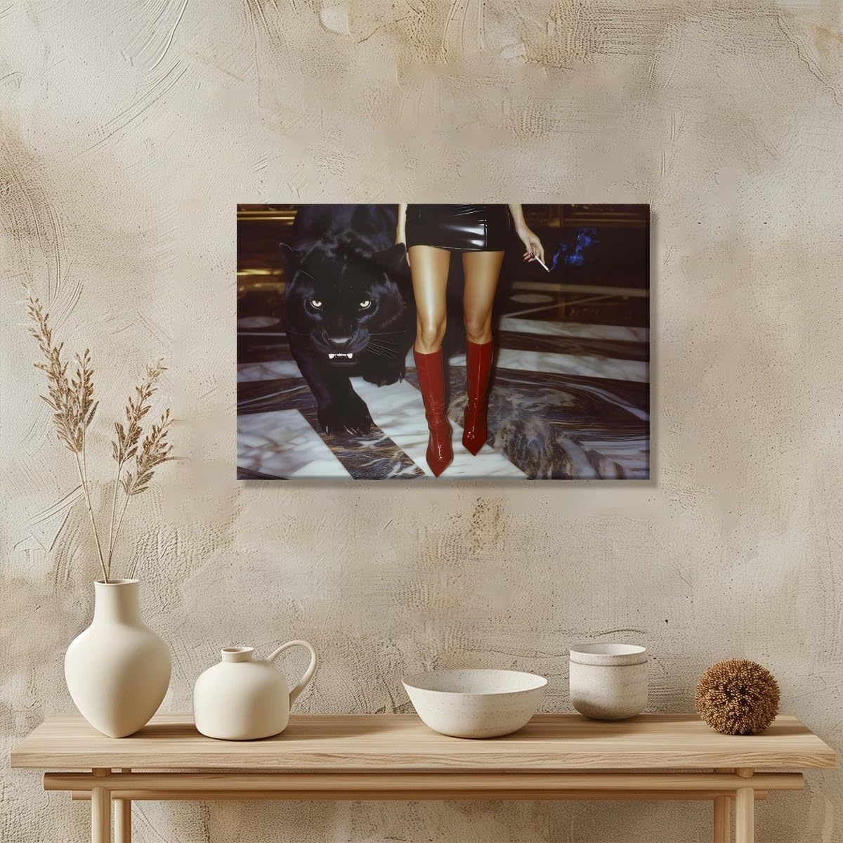 Vintage Trendy Red Boots Wall Art Retro Leopard Canvas Fashion Poster Luxurious Aesthetics Chic Cool Girl picture Print Preppy Room Home Wall Decor 8x12inch Unframed